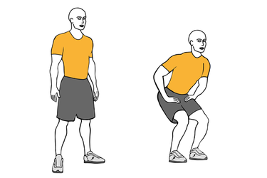 Posición de media flexion de piernas con manos en la cintura.